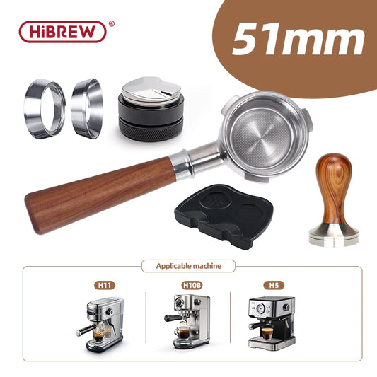 HiBREW PurePour 51mm Bottomless Coffee powder Handle: 304 Stainless Steel & Solid Wood