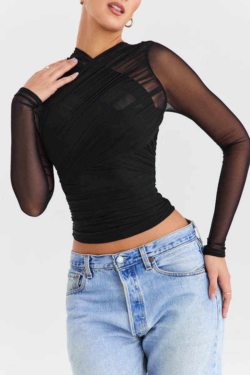 Twilight Seduction Mesh V-Neck Top – Alluring Autumn Style for Effortlessly Chic Nights