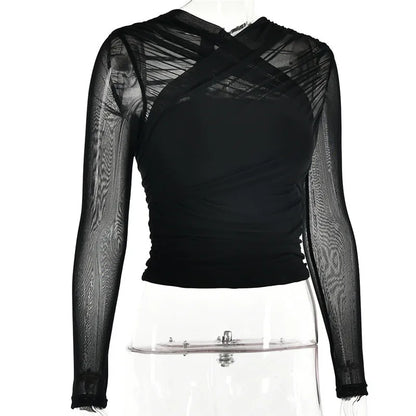 Twilight Seduction Mesh V-Neck Top – Alluring Autumn Style for Effortlessly Chic Nights