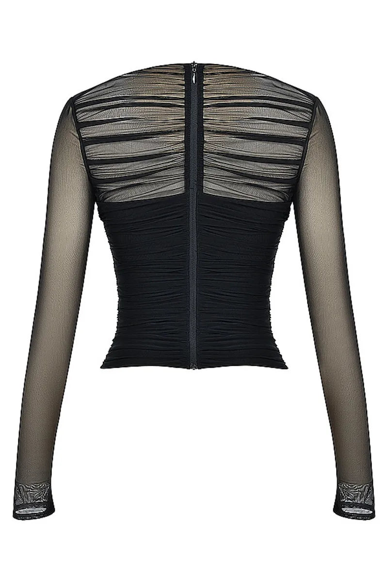 Twilight Seduction Mesh V-Neck Top – Alluring Autumn Style for Effortlessly Chic Nights