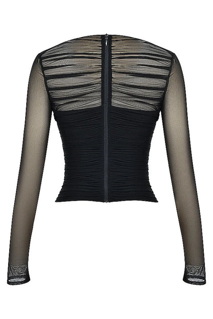 Twilight Seduction Mesh V-Neck Top – Alluring Autumn Style for Effortlessly Chic Nights