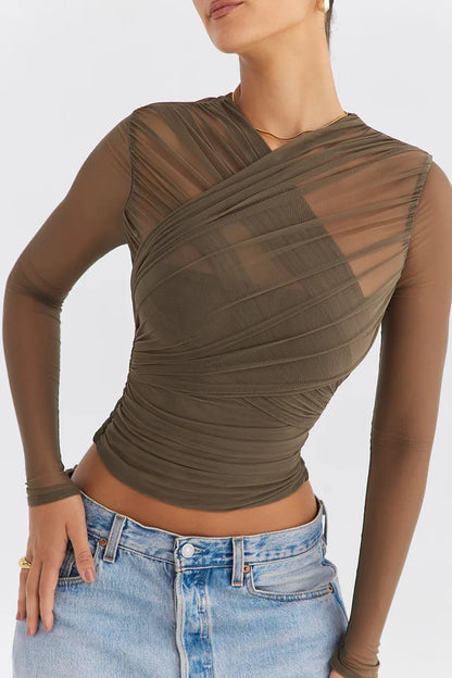 Twilight Seduction Mesh V-Neck Top – Alluring Autumn Style for Effortlessly Chic Nights