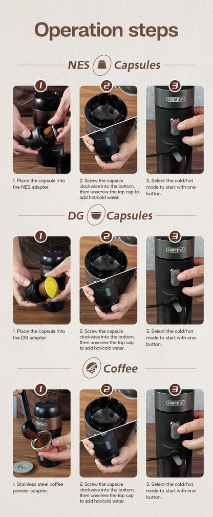 HiBREW GoBrew 12V Portable Espresso Maker: Fits Nespresso & Dolce Gusto Pods, Ideal for Car & Home