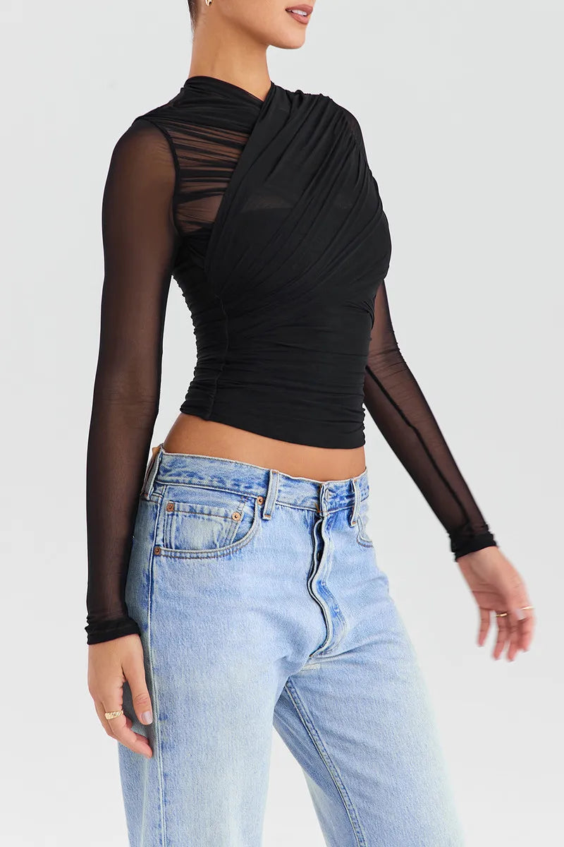 Twilight Seduction Mesh V-Neck Top – Alluring Autumn Style for Effortlessly Chic Nights