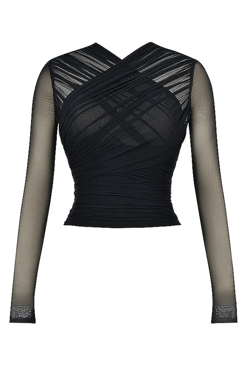 Twilight Seduction Mesh V-Neck Top – Alluring Autumn Style for Effortlessly Chic Nights