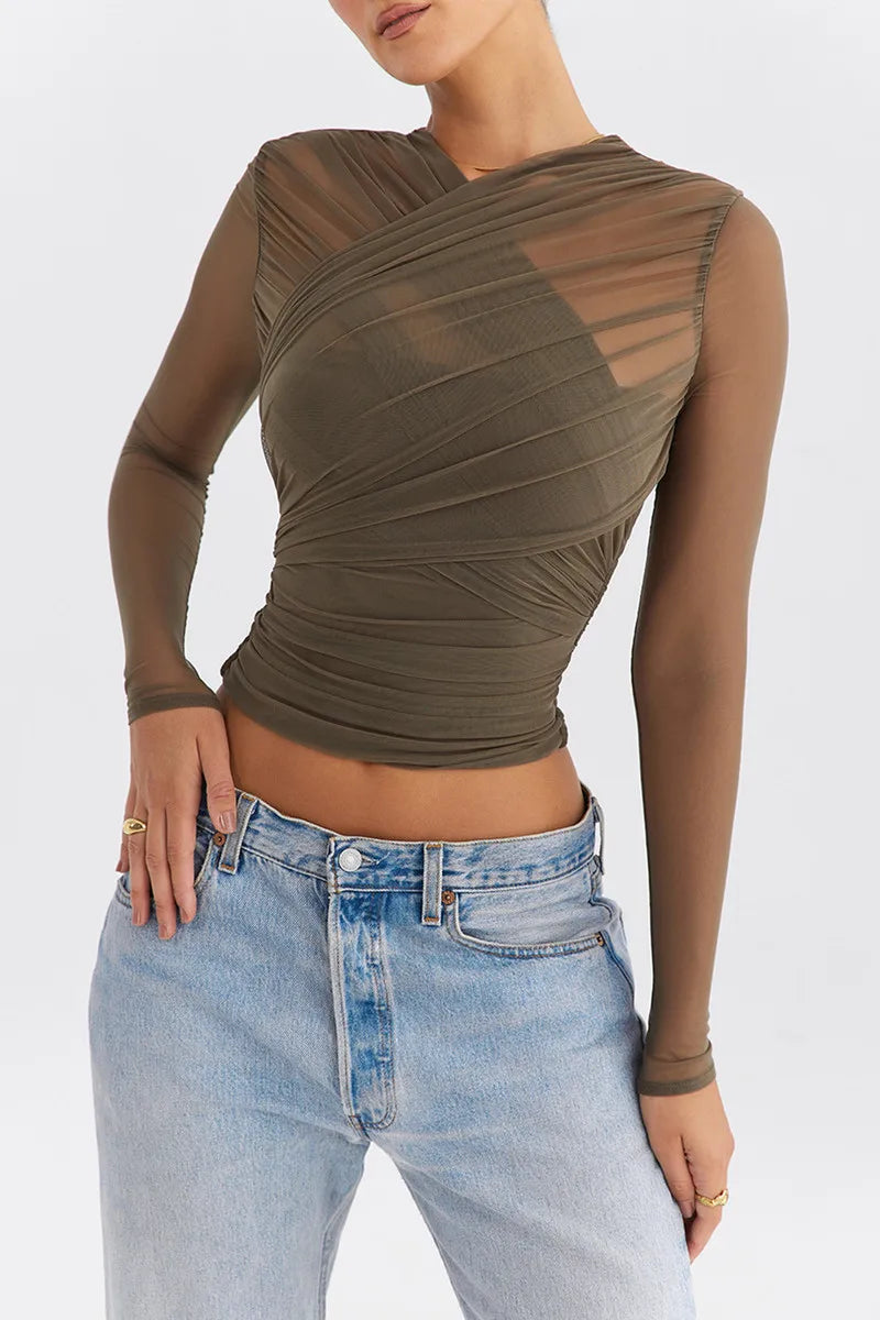 Twilight Seduction Mesh V-Neck Top – Alluring Autumn Style for Effortlessly Chic Nights