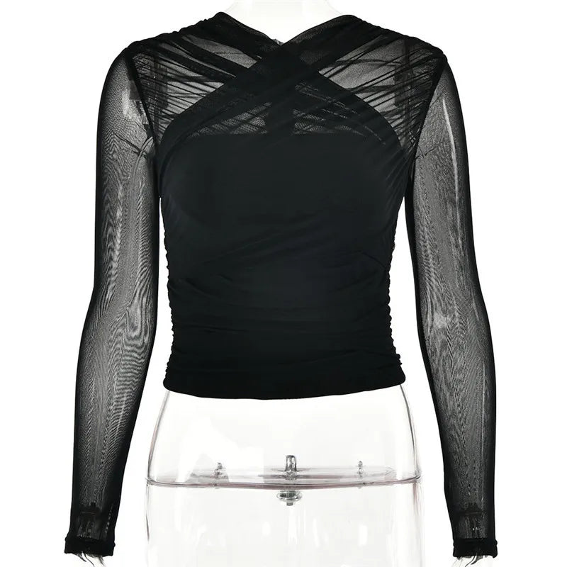 Twilight Seduction Mesh V-Neck Top – Alluring Autumn Style for Effortlessly Chic Nights