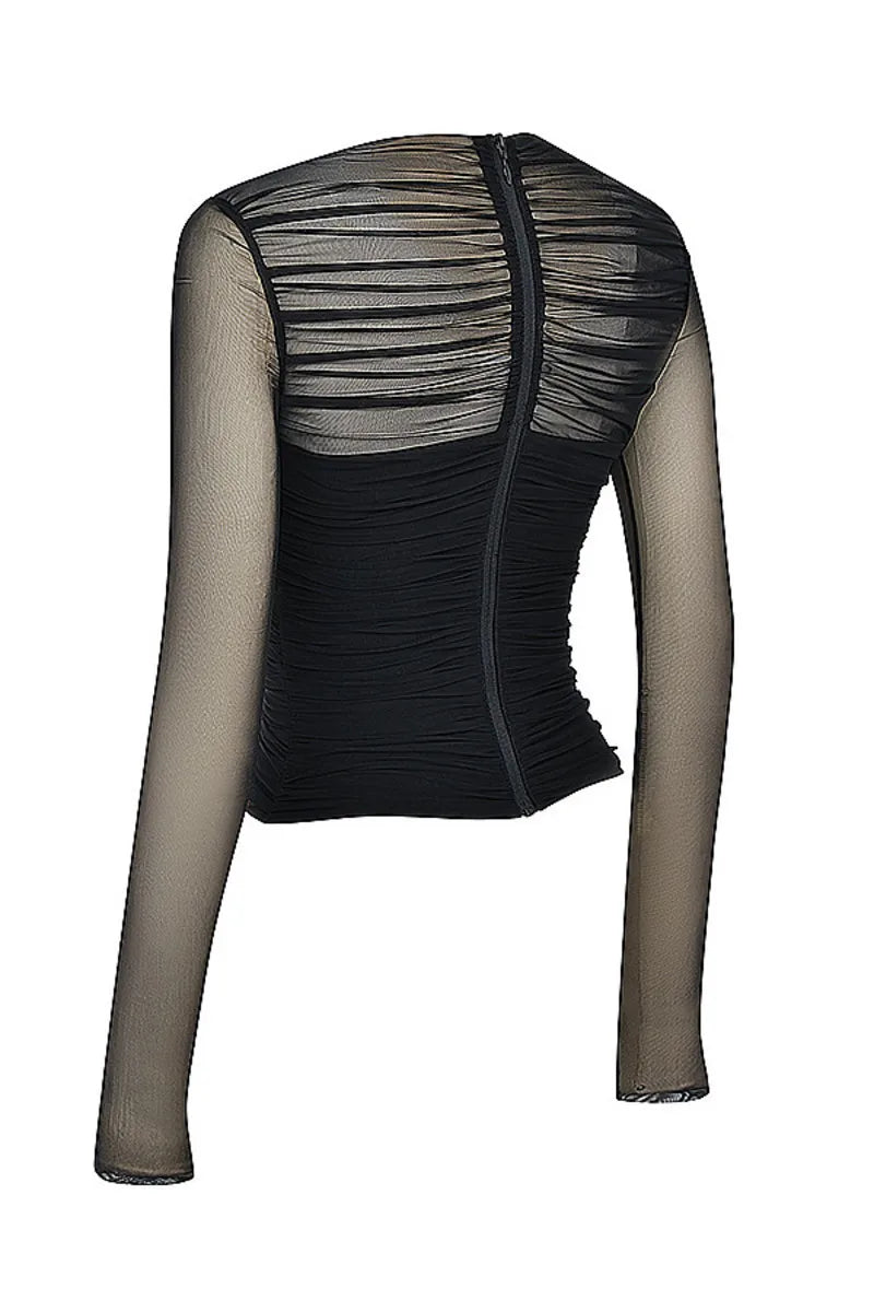 Twilight Seduction Mesh V-Neck Top – Alluring Autumn Style for Effortlessly Chic Nights